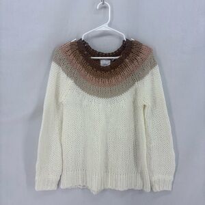 Lola Colorblock Yoke Knit Sweater Cream Brown Long Sleeve Pullover Women’s Small